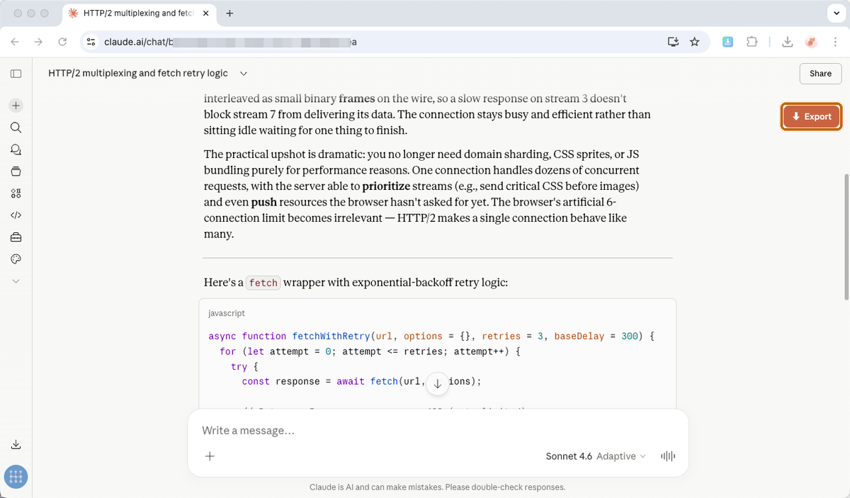 Claude.ai conversation page with the floating Export button visible top-right