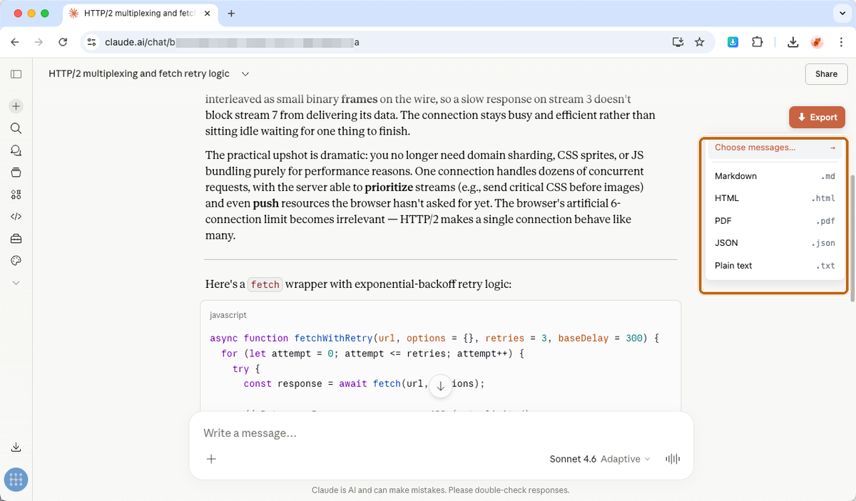 The AI Chat Archive format menu open with Choose messages…, Markdown, HTML, PDF, JSON, and Plain text options