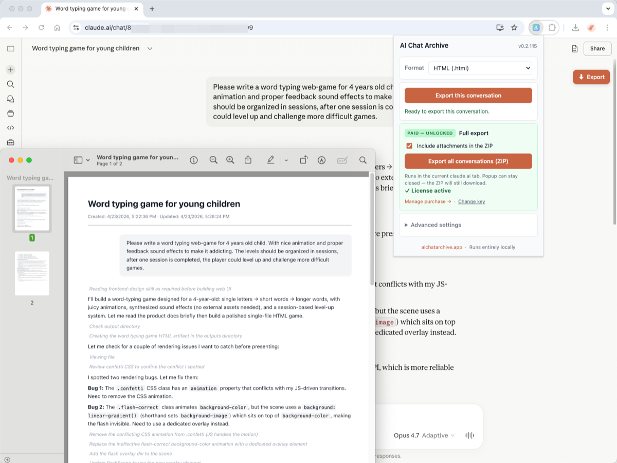 A printed-PDF preview of an exported Claude conversation with proper typography and code blocks