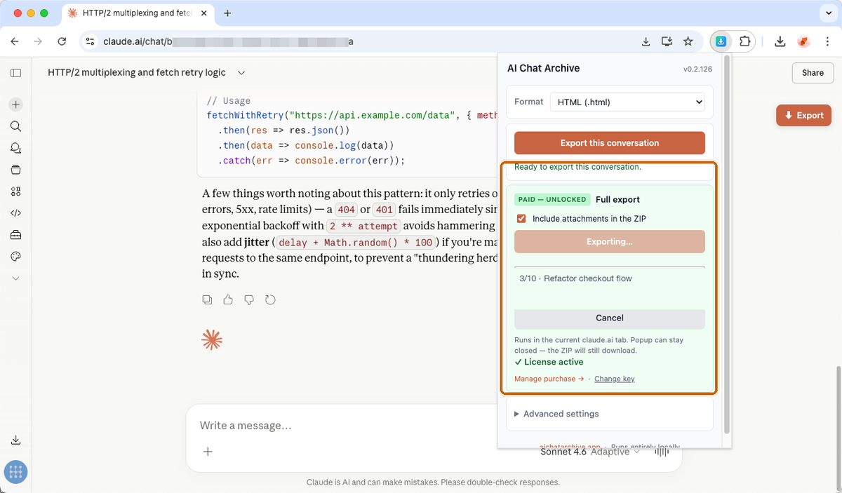 The extension popup showing the bulk export progress bar in action